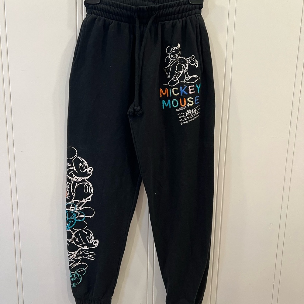 Disney Black Mickey Mouse Sweatpants with Multicolor Embroidery